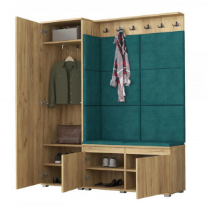 MBCUIAR2 - Set Cuier hol, 154x37x177 cm - 6 agatatori haine, hol, pantofar - culoarea Stejar cu tapiterie Albastra / Gri / Verde - Img 8