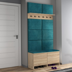 MBCUIS1 - Set Cuier hol, 100x37x213 cm - 6 agatatori haine, hol, pantofar - Sonoma, culoare tapiterie: Verde Inchis / Turcoaz / Albastru / Gri - Img 3