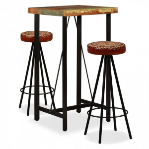 Mobilier bar 3 piese lemn masiv reciclat, piele naturala, panza - V275141V