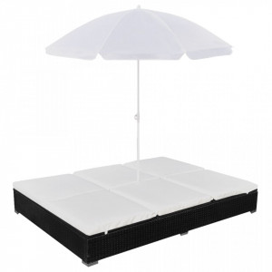 Pat sezlong de exterior cu umbrela, negru, poliratan - V42950V