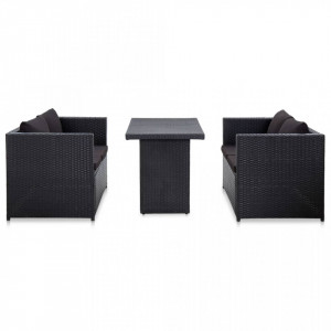 Set mobilier de gradina cu perne, 3 piese, negru, poliratan - V46397V