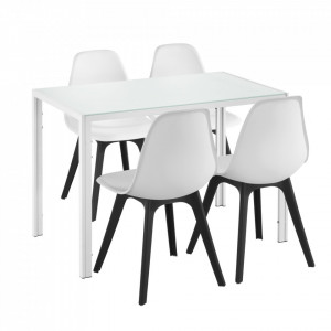 Set Xenia masa cu 4 scaune design, masa 105 x 60 cm, scaun 83 x 54 cm, sticla/metal/plastic, alb/negru - P58630807