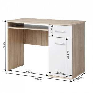 Birou, măsuţă, masă PC, alb şi sonoma, 104 cm - TP83799 - Img 3