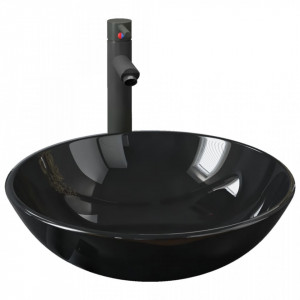 Chiuvetă rotunda cu robinet si scurgere tip push, negru, sticlă - V3098452V - Img 1