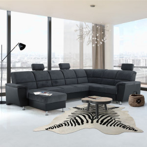 Colţar, piele ecologică negru/material, model dreapta, 325x86/106x168/217 cm - TP149898 - Img 16