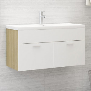 Dulap cu chiuvetă încorporată alb/stejar sonoma, lemn prelucrat - V3070843V - Img 2