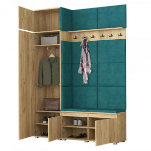 MBCUIAR3 - Set Cuier hol, 154x37x214 cm - 6 agatatori haine, hol, pantofar - culoarea Stejar cu tapiterie Gri / Verde / Albastra - Img 2