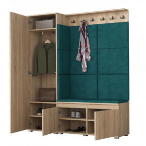 MBCUIS2 - Set Cuier hol, 154x37x177 cm - 6 agatatori haine, hol, pantofar - Sonoma cu tapiterie Verde / Gri / Albastra - Img 2