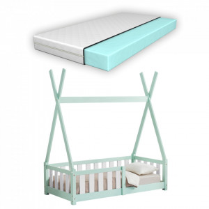 Pat copii cu saltea, lemn brad, verde - P67666361
