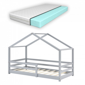Pat copii cu saltea si grilaj protectie 70x140 cm, gri deschis - P69871672 - Img 2