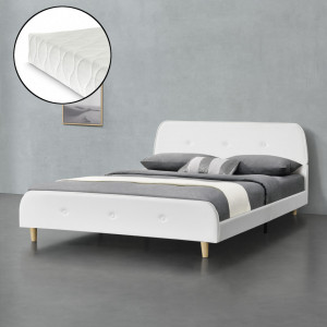 Pat dublu tapitat cu saltea si somiera 200 x 140 cm, imitatie piele, alb - P77718914 - Img 2