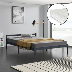 Pat rama lemn 140 x 200 cm, dublu, 150 Kg, gri inchis mat, cu saltea si somiera - P72612682
