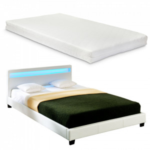 Pat tapitat cu saltea si LED 160x200 cm, alb - P48986634 - Img 2