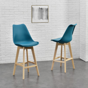 Scaune bar, set 4 buc, plastic/imitatie piele/lemn, turcoaz - P74694643 - Img 1