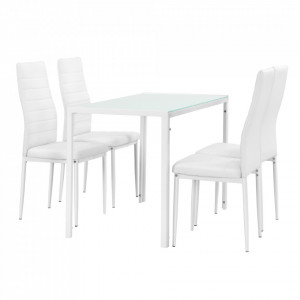 Set masa cu 4 scaune, otel, sticla, imitatie piele, alb - P54457286