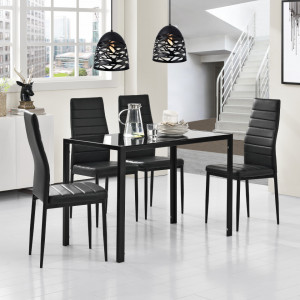 Set masa cu 4 scaune, otel, sticla, imitatie piele, negru - P54457285 - Img 1