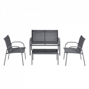 Set mobilier gradina, masa cu blat sticla, banca, doua scaune, gri inchis/negru - P74254182 - Img 3