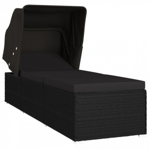 Șezlong cu copertină și pernă, negru, poliratan - V46249V