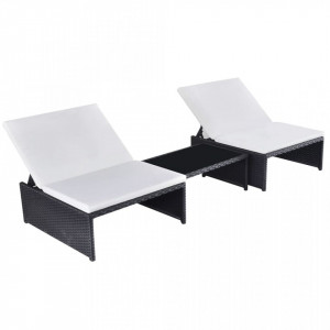 Sezlonguri de plaja cu masa, 2 buc., negru, poliratan - V43069V