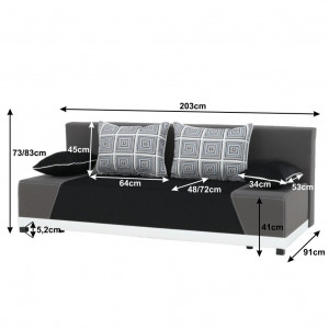 Canapea extensibilă, material textil negru/gri/perne gri cu model, 203x73/83x91 cm - TP96963 - Img 4