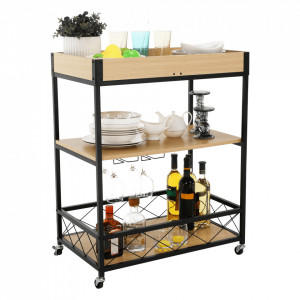 Cărucior de servire, culoarea stejar deschis/negru, 78x43x82 cm - TP288122 - Img 7
