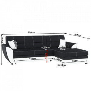 Colţar, piele ecologică albă și material textil negru, model dreapta, 250x83x160 cm - TP96985 - Img 12