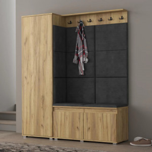 MBCUIAR2 - Set Cuier hol, 154x37x177 cm - 6 agatatori haine, hol, pantofar - culoarea Stejar cu tapiterie Albastra / Gri / Verde - Img 9