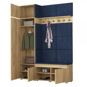 MBCUIAR3 - Set Cuier hol, 154x37x214 cm - 6 agatatori haine, hol, pantofar - culoarea Stejar cu tapiterie Gri / Verde / Albastra - Img 3