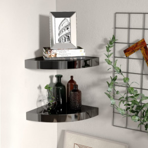 Rafturi colt perete, 2 buc., negru extralucios 25x25x3,8 cm MDF - V323890V