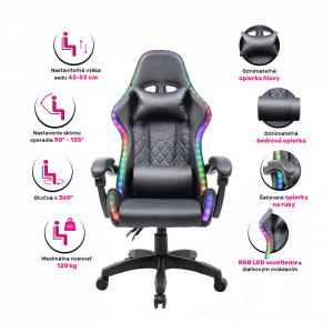 Scaun de birou cu iluminare RGB, gaming, negru, 64x60x127-137 cm - TP279983 - Img 9