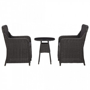 Set mobilier bistro de gradina cu perne 3 piese negru poliratan - V46549V