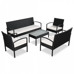 Set mobilier de gradina cu perne, 5 piese, negru, poliratan - V44185V