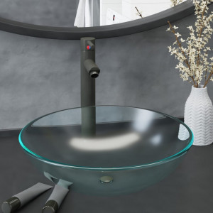 Chiuvetă rotunda cu robinet si scurgere tip push, sticlă mătuită - V3098447V - Img 2