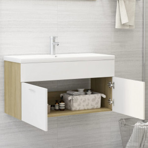 Dulap cu chiuvetă încorporată alb/stejar sonoma, lemn prelucrat - V3070843V - Img 3