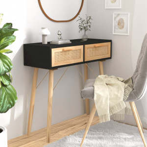 Masă consolă negru 80x30x75 cm lemn masiv pin și ratan natural - V345625V - Img 2