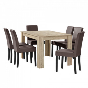 Masa eleganta Henni, MDF efect stejar - maro deschis,140 x 90 cm - cu 6 scaune imitatie de piele, maro cu picioare negre - P51958077