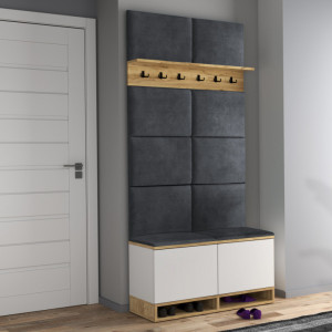 MBCUIA4 - Set Cuier hol, 100x37x213 cm - 6 agatatori haine, hol, pantofar - Alb-Stejar cu tapiterie: Verde inchis, Turcoaz, Albastru, Gri - Img 6