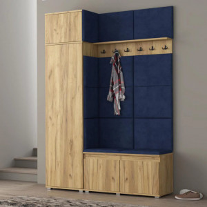 MBCUIAR3 - Set Cuier hol, 154x37x214 cm - 6 agatatori haine, hol, pantofar - culoarea Stejar cu tapiterie Gri / Verde / Albastra - Img 4