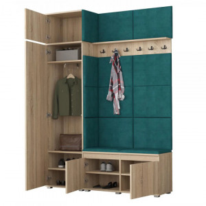 MBCUIS3 - Set Cuier hol, 154x37x214 cm - 6 agatatori haine, hol, pantofar - Sonoma cu tapiterie Gri / Verde / Albastra - Img 2