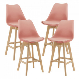 Scaune bar, set 4 buc, plastic/imitatie piele/lemn, roz - P74694641 - Img 2
