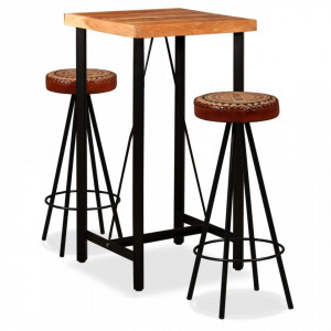 Set de bar, 3 buc., lemn masiv acacia, piele naturala si panza - V275129V - Img 1