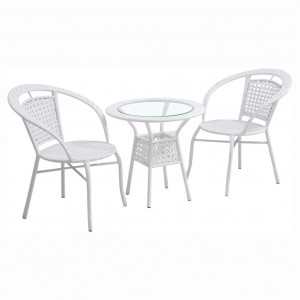 Set de grădină din ratan cu 3 piese, 1 măsuţă şi 2 scaune, alb - TP254779