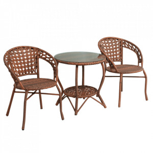 Set de grădină din ratan cu 3 piese, 1 măsuţă şi 2 scaune, maro - TP265640