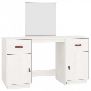 Set de masă de toaletă cu oglindă, alb, lemn masiv de pin - V3107835V