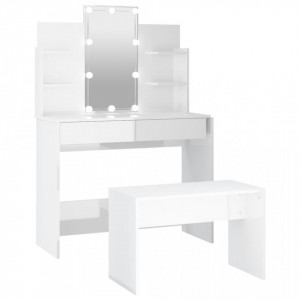 Set măsuță de toaletă cu LED, alb extralucios, lemn prelucrat - V3114127V - Img 1