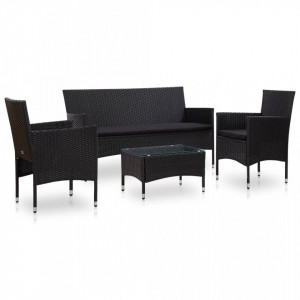 Set mobilier de gradina cu perne, 4 piese, negru, poliratan - V45891V