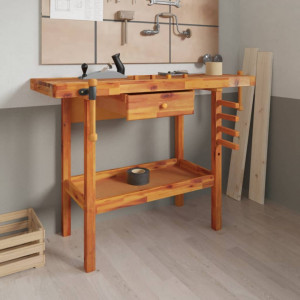 Banc de lucru cu sertar și menghine, 124x52x83 cm, lemn acacia - V153320V - Img 2