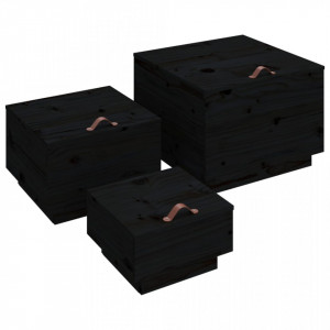 Cutii de depozitare cu capace 3 buc. negru lemn masiv de pin - V818249V