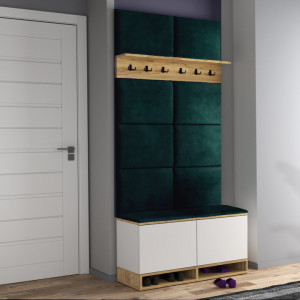 MBCUIA4 - Set Cuier hol, 100x37x213 cm - 6 agatatori haine, hol, pantofar - Alb-Stejar cu tapiterie: Verde inchis, Turcoaz, Albastru, Gri - Img 7