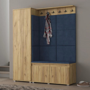 MBCUIAR2 - Set Cuier hol, 154x37x177 cm - 6 agatatori haine, hol, pantofar - culoarea Stejar cu tapiterie Albastra / Gri / Verde - Img 11